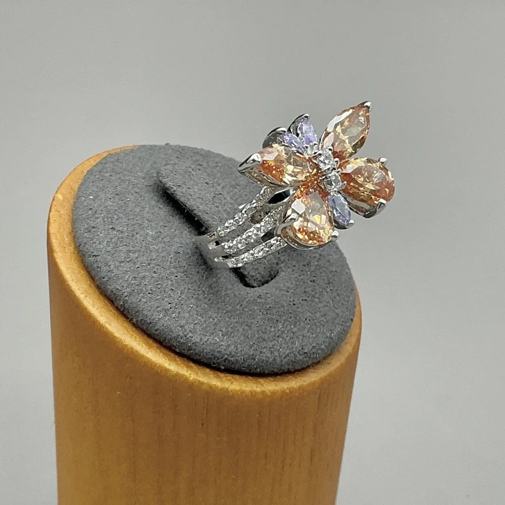 Ring Size 10 Silver Tone Yellow Champagne Butterfly Crystal Cocktail Womens
